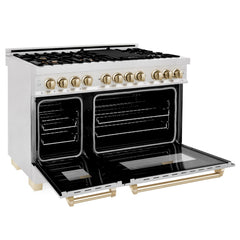 ZLINE Autograph 48 in. Gas Burner/Electric Oven in DuraSnow® Stainless Steel with Gold Accents, RASZ-SN-48-G - Smart Kitchen Lab