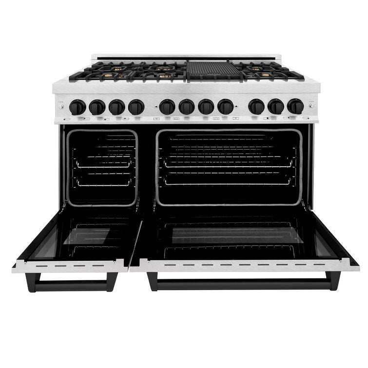 ZLINE Autograph 48 in. Gas Burner/Electric Oven in DuraSnow® Stainless Steel with Matte Black Accents, RASZ-SN-48-MB - Smart Kitchen Lab