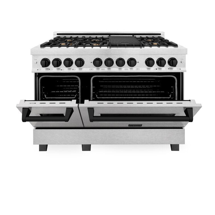 ZLINE Autograph 48 in. Gas Burner/Electric Oven in DuraSnow® Stainless Steel with Matte Black Accents, RASZ-SN-48-MB - Smart Kitchen Lab