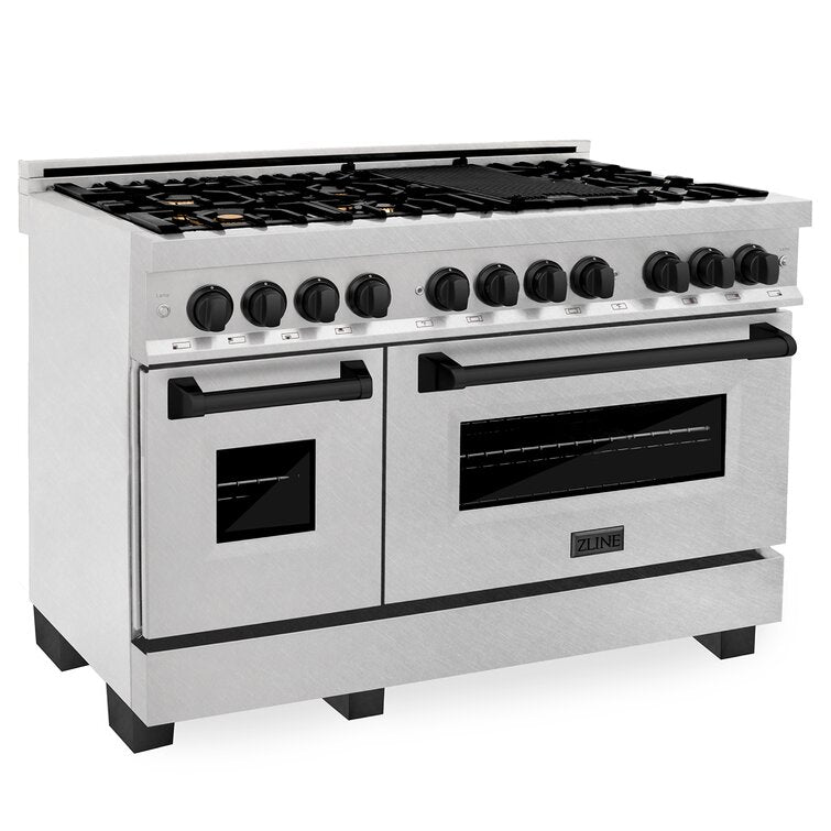 ZLINE Autograph 48 in. Gas Burner/Electric Oven in DuraSnow® Stainless Steel with Matte Black Accents, RASZ-SN-48-MB - Smart Kitchen Lab