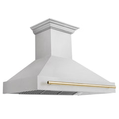 ZLINE Autograph 48 Inch DuraSnow® Stainless Steel Range Hood with DuraSnow® Shell and Gold Handle, 8654SNZ-48-G - Smart Kitchen Lab