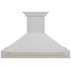 ZLINE Autograph 48 Inch DuraSnow® Stainless Steel Range Hood with DuraSnow® Shell and Gold Handle, 8654SNZ-48-G - Smart Kitchen Lab