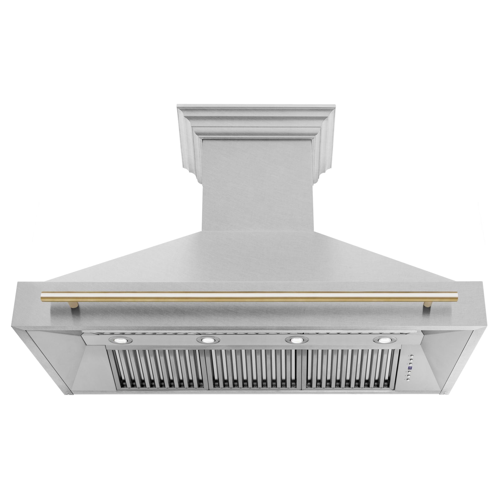 ZLINE Autograph 48 Inch DuraSnow® Stainless Steel Range Hood with DuraSnow® Shell and Gold Handle, 8654SNZ-48-G - Smart Kitchen Lab