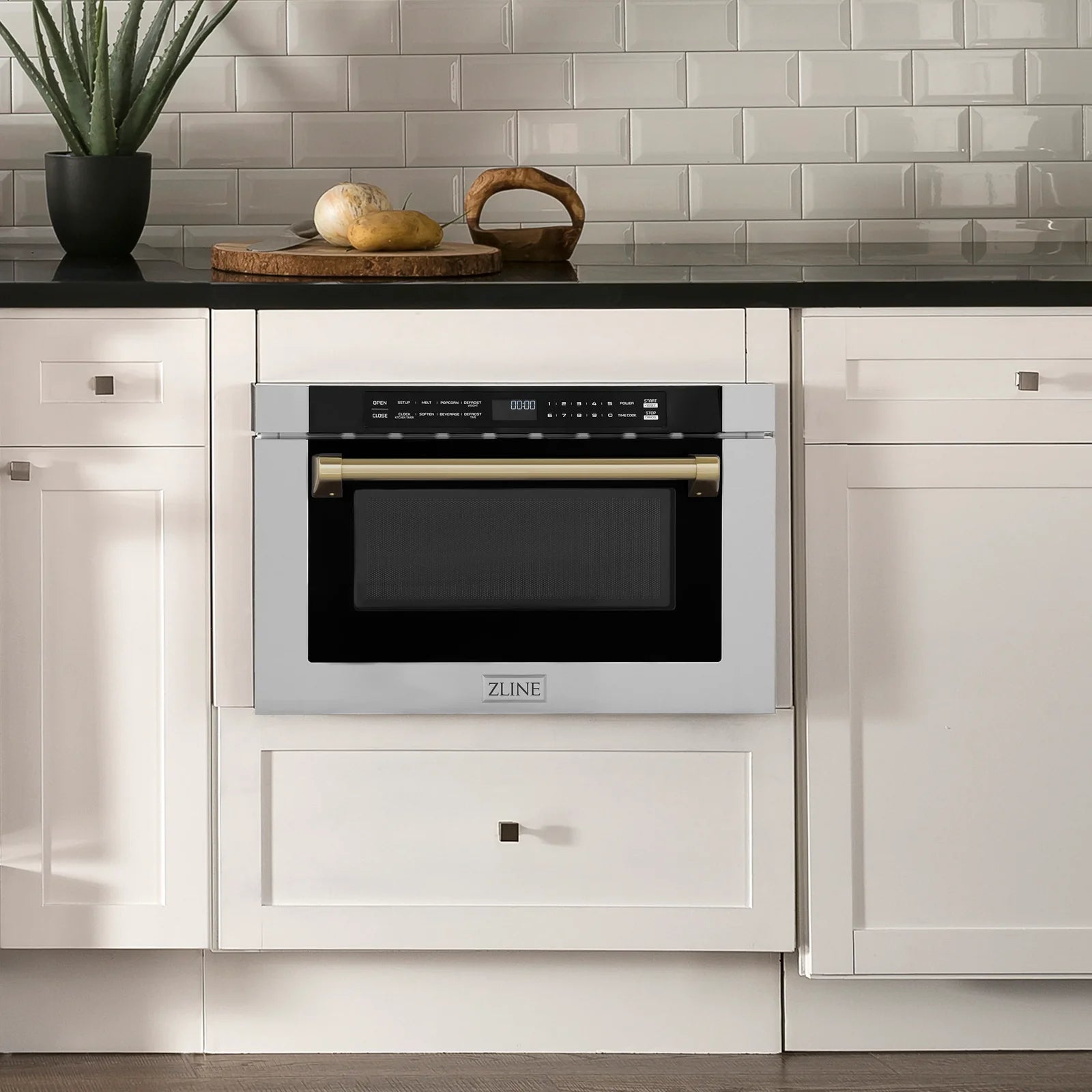 ZLINE Autograph Edition 24" 1.2 cu. ft. Built-in Microwave Drawer with a Traditional Handle in Stainless Steel and Champagne Bronze Accents, MWDZ-1-H-CB - Smart Kitchen Lab