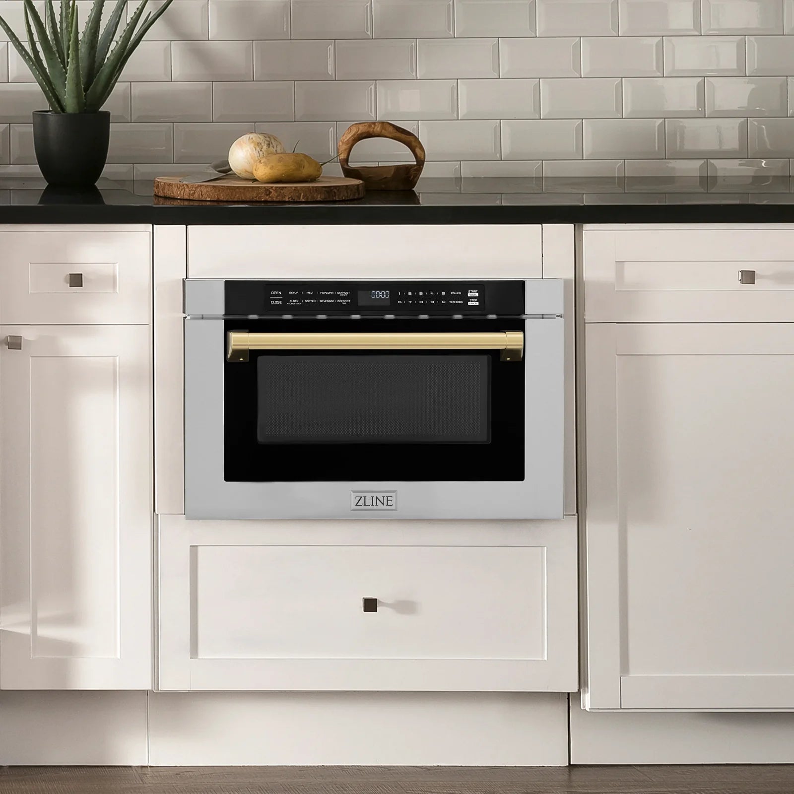 ZLINE Autograph Edition 24" 1.2 cu. ft. Built-in Microwave Drawer with a Traditional Handle in Stainless Steel and Gold Accents, MWDZ-1-H-G - Smart Kitchen Lab