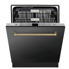 ZLINE Autograph Edition 24 In. 3rd Rack Top Touch Control Tall Tub Dishwasher in Black Stainless Steel with Champagne Bronze Handle, DWMTZ-BS-24-CB - Smart Kitchen Lab