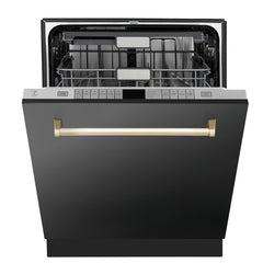 ZLINE Autograph Edition 24 In. 3rd Rack Top Touch Control Tall Tub Dishwasher in Black Stainless Steel with Gold Handle, DWMTZ-BS-24-G - Smart Kitchen Lab