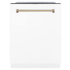 ZLINE Autograph Edition 24 inch Tall Dishwasher, Touch Control, in White Matte with Champagne Bronze Handle, DWMTZ-WM-24-CB - Smart Kitchen Lab