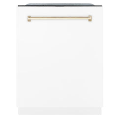 ZLINE Autograph Edition 24 inch Tall Dishwasher, Touch Control, in White Matte with Gold Handle, DWMTZ-WM-24-G - Smart Kitchen Lab