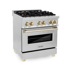 ZLINE Autograph Edition 30 in. 4.0 cu. ft. Gas Burner/Electric Oven in Stainless Steel with Gold Accents, RAZ-30-G - Smart Kitchen Lab