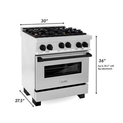 ZLINE Autograph Edition 30 in 4.0 cu. ft. Gas Burner/Gas Oven Range in DuraSnow® Stainless Steel with Matte Black Accents, RGSZ-SN-30-MB - Smart Kitchen Lab