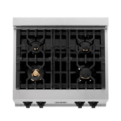 ZLINE Autograph Edition 30 in. Porcelain Rangetop with 4 Gas Burners in DuraSnow® Stainless Steel and Matte Black Accents, RTSZ-30-MB - Smart Kitchen Lab