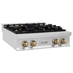 ZLINE Autograph Edition 30 in. Porcelain Rangetop with 4 Gas Burners in Stainless Steel and Champagne Bronze Accents, RTZ-30-CB - Smart Kitchen Lab