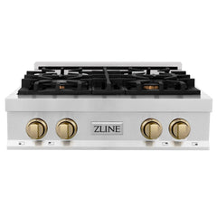 ZLINE Autograph Edition 30 in. Porcelain Rangetop with 4 Gas Burners in Stainless Steel and Champagne Bronze Accents, RTZ-30-CB - Smart Kitchen Lab