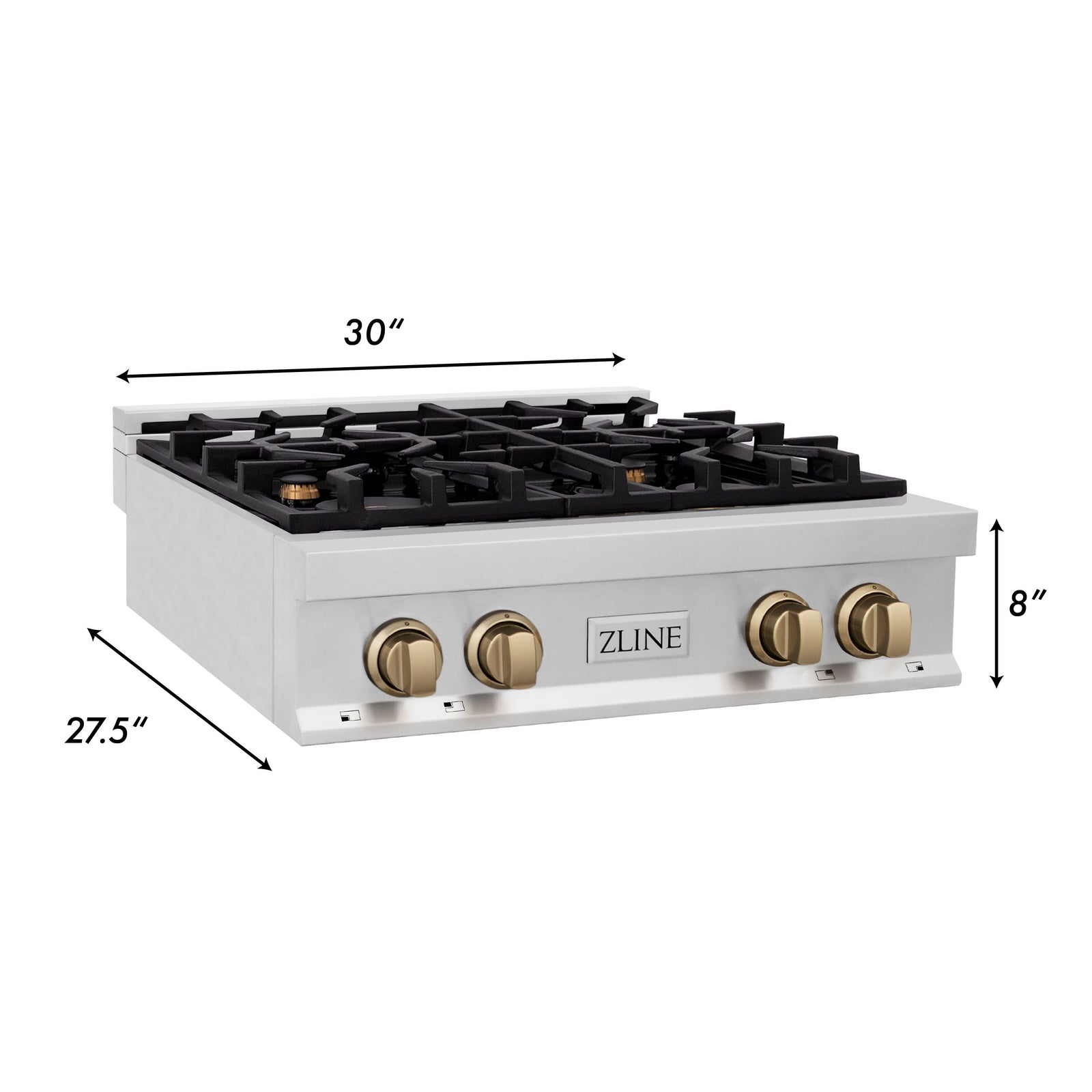 ZLINE Autograph Edition 30 in. Porcelain Rangetop with 4 Gas Burners in Stainless Steel and Champagne Bronze Accents, RTZ-30-CB - Smart Kitchen Lab