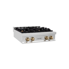 ZLINE Autograph Edition 30 in. Porcelain Rangetop with 4 Gas Burners in Stainless Steel and Champagne Bronze Accents, RTZ-30-CB - Smart Kitchen Lab