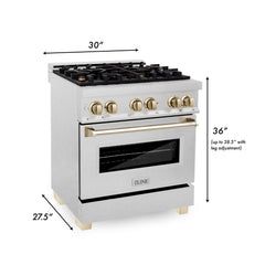 ZLINE Autograph Edition 30 in. Range with Gas Burner/Electric Oven in DuraSnow® Stainless Steel with Gold Accents, RASZ-SN-30-G - Smart Kitchen Lab