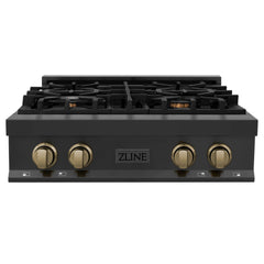 ZLINE Autograph Edition 30 In. Rangetop with 4 Gas Burners in Black Stainless Steel and Champagne Bronze Accents, RTBZ-30-CB - Smart Kitchen Lab