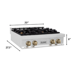 ZLINE Autograph Edition 30 In. Rangetop with 4 Gas Burners in DuraSnow®Stainless Steel and Champagne Bronze Accents, RTSZ-30-CB - Smart Kitchen Lab