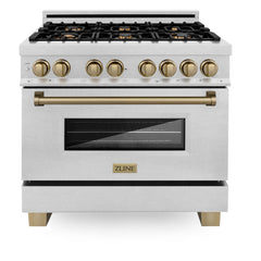ZLINE Autograph Edition 36 in. 4.6 cu. ft. Range with Gas Stove and Electric Oven in DuraSnow® with Champagne Bronze Accents, RASZ-SN-36-CB - Smart Kitchen Lab