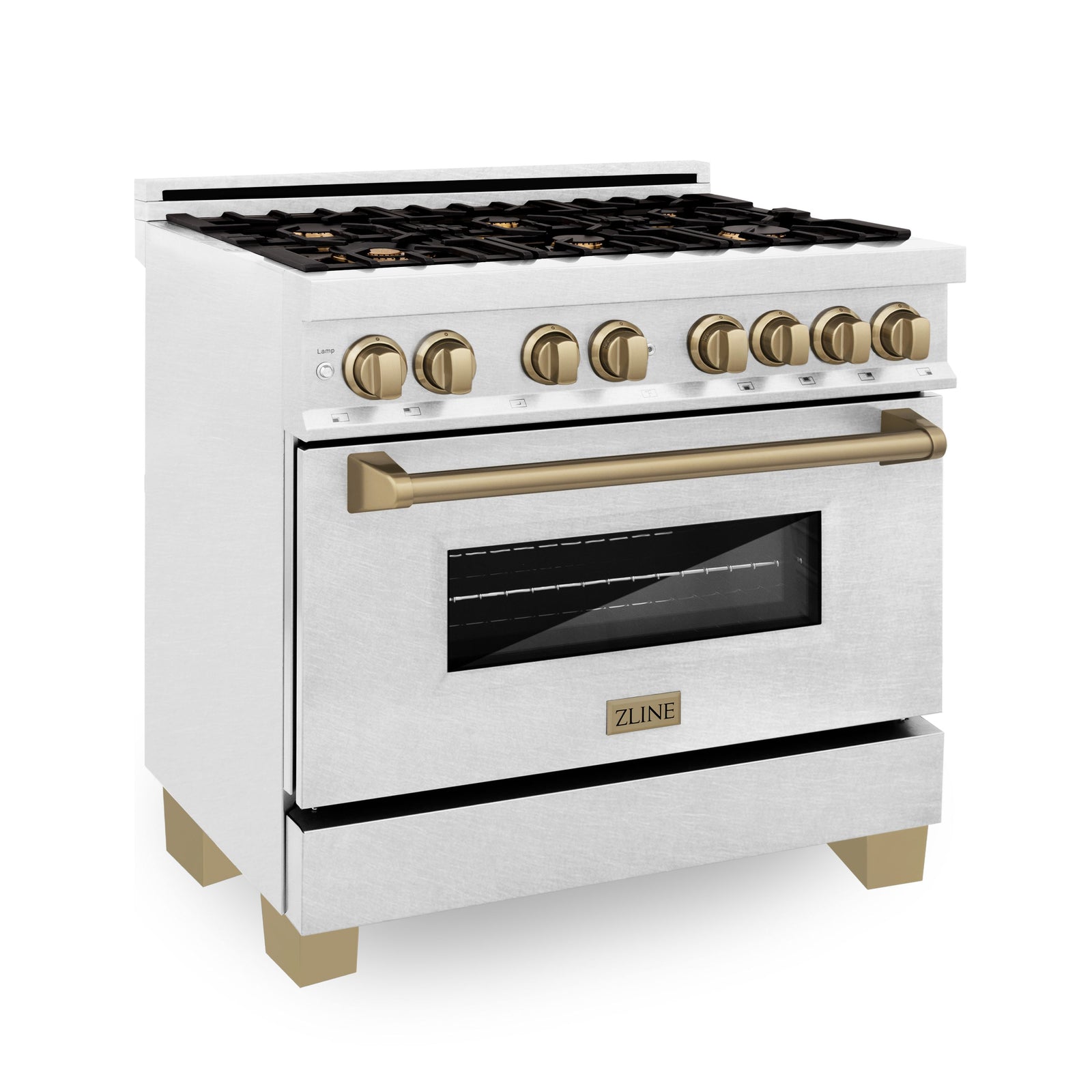 ZLINE Autograph Edition 36 in. 4.6 cu. ft. Range with Gas Stove and Electric Oven in DuraSnow® with Champagne Bronze Accents, RASZ-SN-36-CB - Smart Kitchen Lab