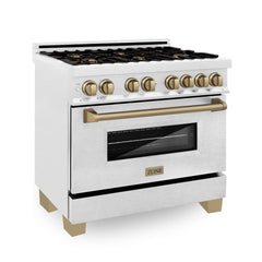 ZLINE Autograph Edition 36 in. 4.6 cu. ft. Range with Gas Stove and Electric Oven in DuraSnow® with Champagne Bronze Accents, RASZ-SN-36-CB - Smart Kitchen Lab