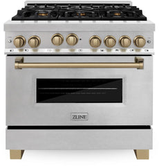 ZLINE Autograph Edition 36 in. Gas Range in DuraSnow® Stainless Steel with Champagne Accents, RGSZ-SN-36-CB - Smart Kitchen Lab