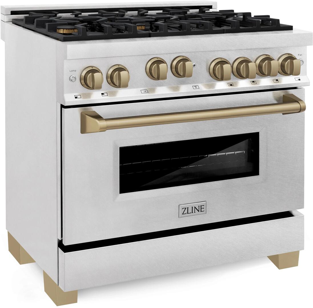 ZLINE Autograph Edition 36 in. Gas Range in DuraSnow® Stainless Steel with Champagne Accents, RGSZ-SN-36-CB - Smart Kitchen Lab