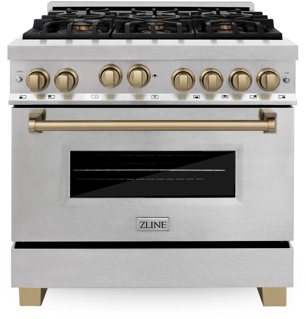 ZLINE Autograph Edition 36 in. Gas Range in DuraSnow® Stainless Steel with Champagne Accents, RGSZ-SN-36-CB - Smart Kitchen Lab