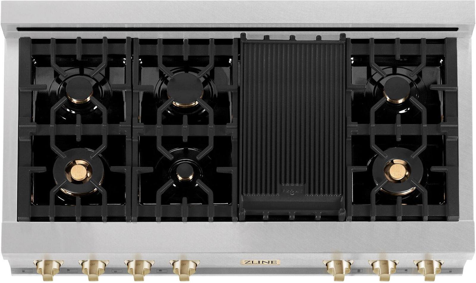 ZLINE Autograph Edition 48 In. Rangetop with 7 Gas Burners in DuraSnow® Stainless Steel and Champagne Bronze Accents, RTSZ-48-CB - Smart Kitchen Lab