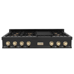 ZLINE Autograph Edition 48 Inch Porcelain Rangetop with 7 Gas Burners in Black Stainless Steel and Gold Accents, RTBZ-48-G - Smart Kitchen Lab