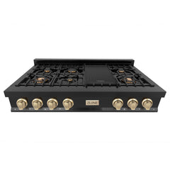 ZLINE Autograph Edition 48 Inch Porcelain Rangetop with 7 Gas Burners in Black Stainless Steel and Gold Accents, RTBZ-48-G - Smart Kitchen Lab