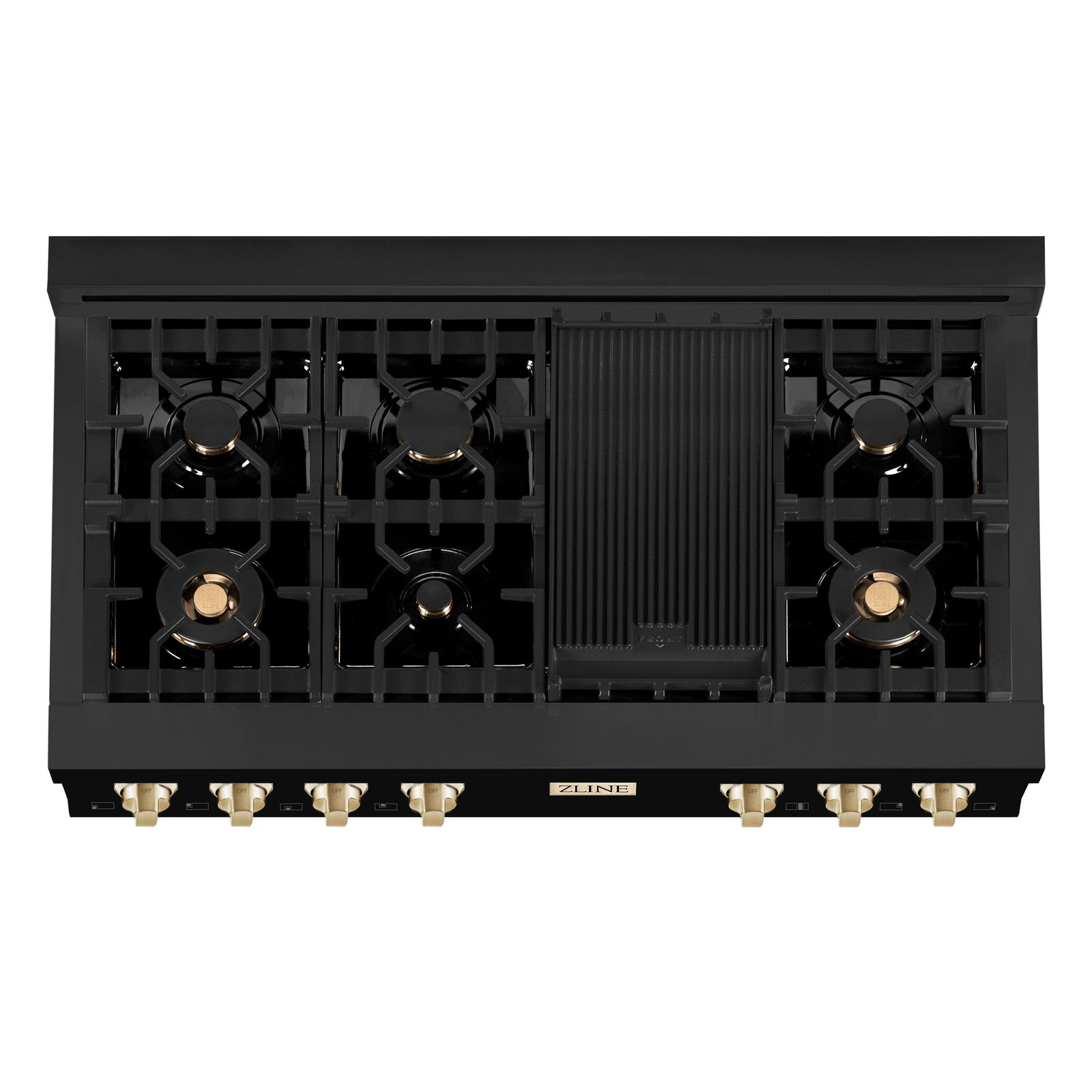 ZLINE Autograph Edition 48 Inch Porcelain Rangetop with 7 Gas Burners in Black Stainless Steel and Gold Accents, RTBZ-48-G - Smart Kitchen Lab