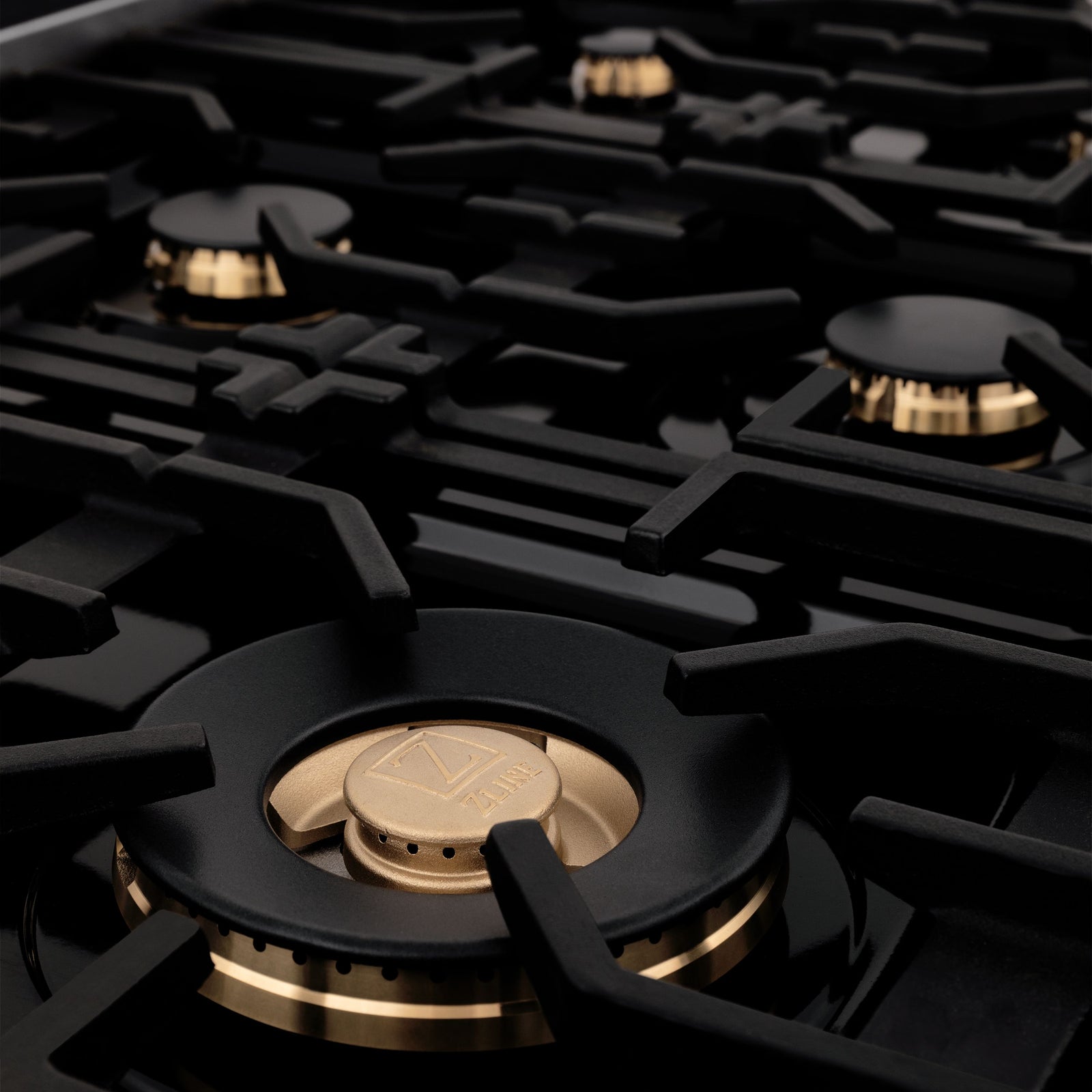 ZLINE Autograph Edition 48 Inch Porcelain Rangetop with 7 Gas Burners in Black Stainless Steel and Gold Accents, RTBZ-48-G - Smart Kitchen Lab