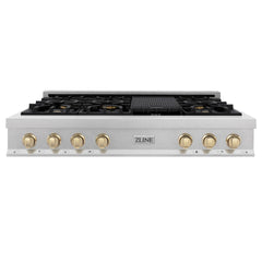 ZLINE Autograph Edition 48" Porcelain Rangetop with 7 Gas Burners in DuraSnow® Stainless Steel and Gold Accents, RTSZ-48-G - Smart Kitchen Lab