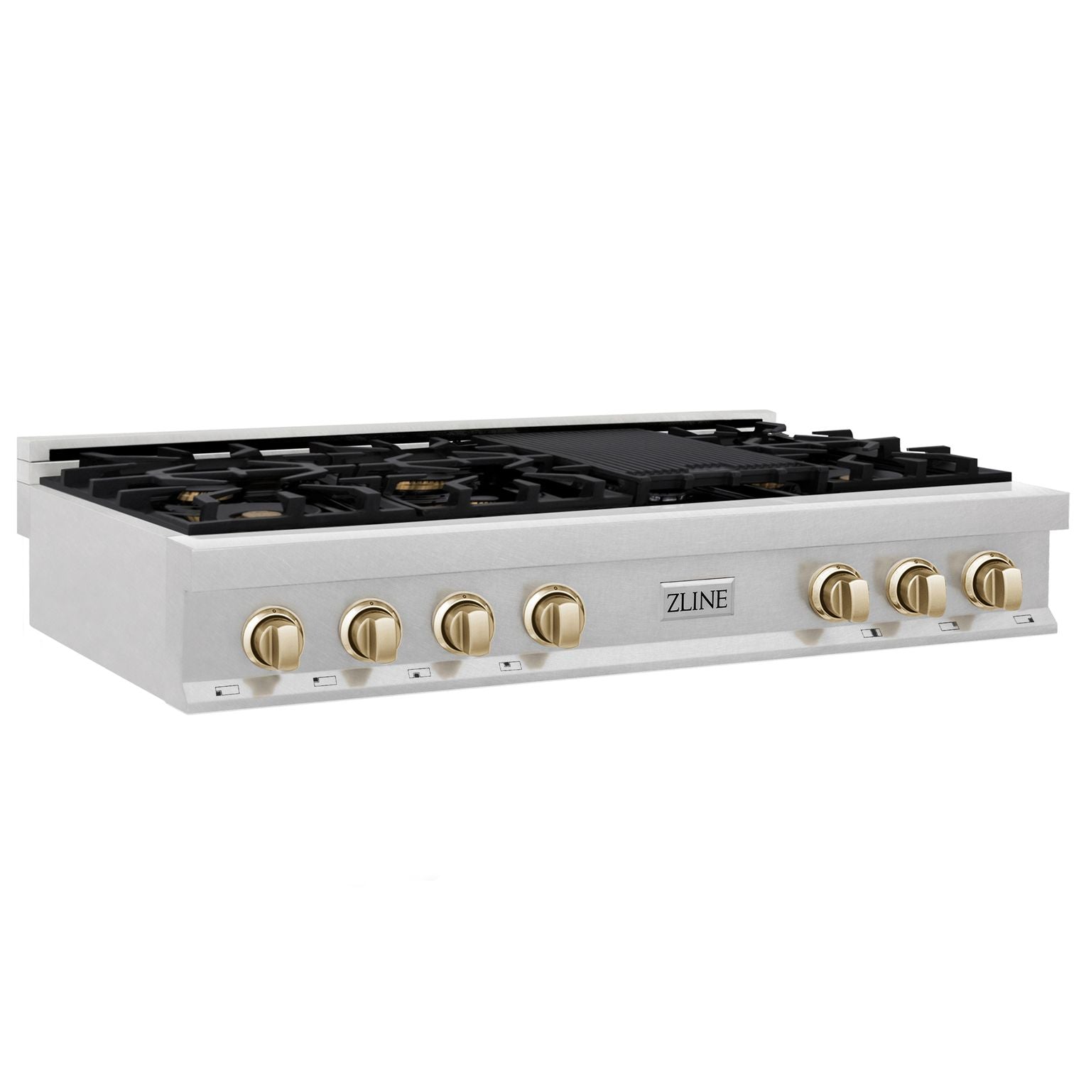 ZLINE Autograph Edition 48" Porcelain Rangetop with 7 Gas Burners in DuraSnow® Stainless Steel and Gold Accents, RTSZ-48-G - Smart Kitchen Lab