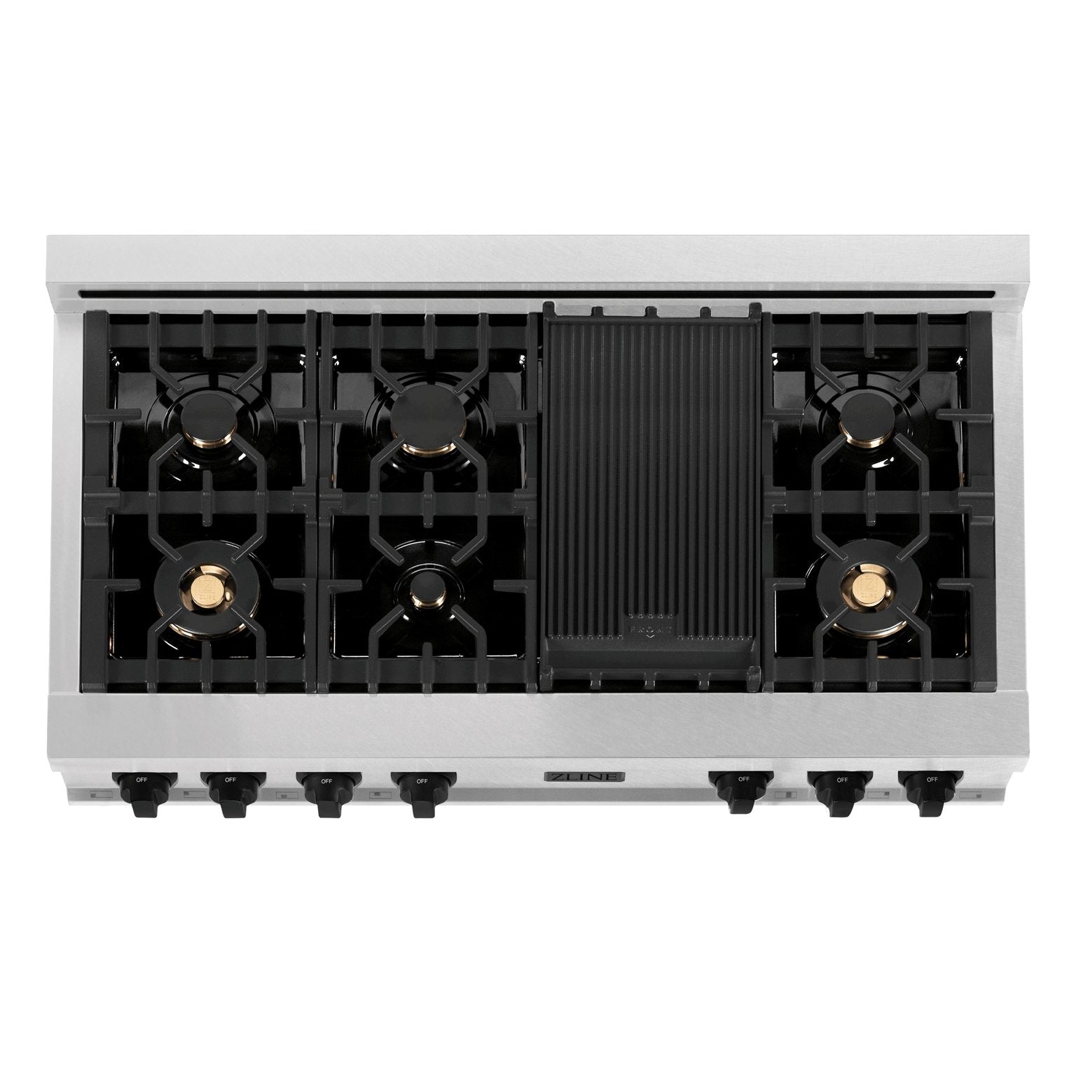 ZLINE Autograph Edition 48" Porcelain Rangetop with 7 Gas Burners in DuraSnow® Stainless Steel and Matte Black Accents, RTSZ-48-MB - Smart Kitchen Lab