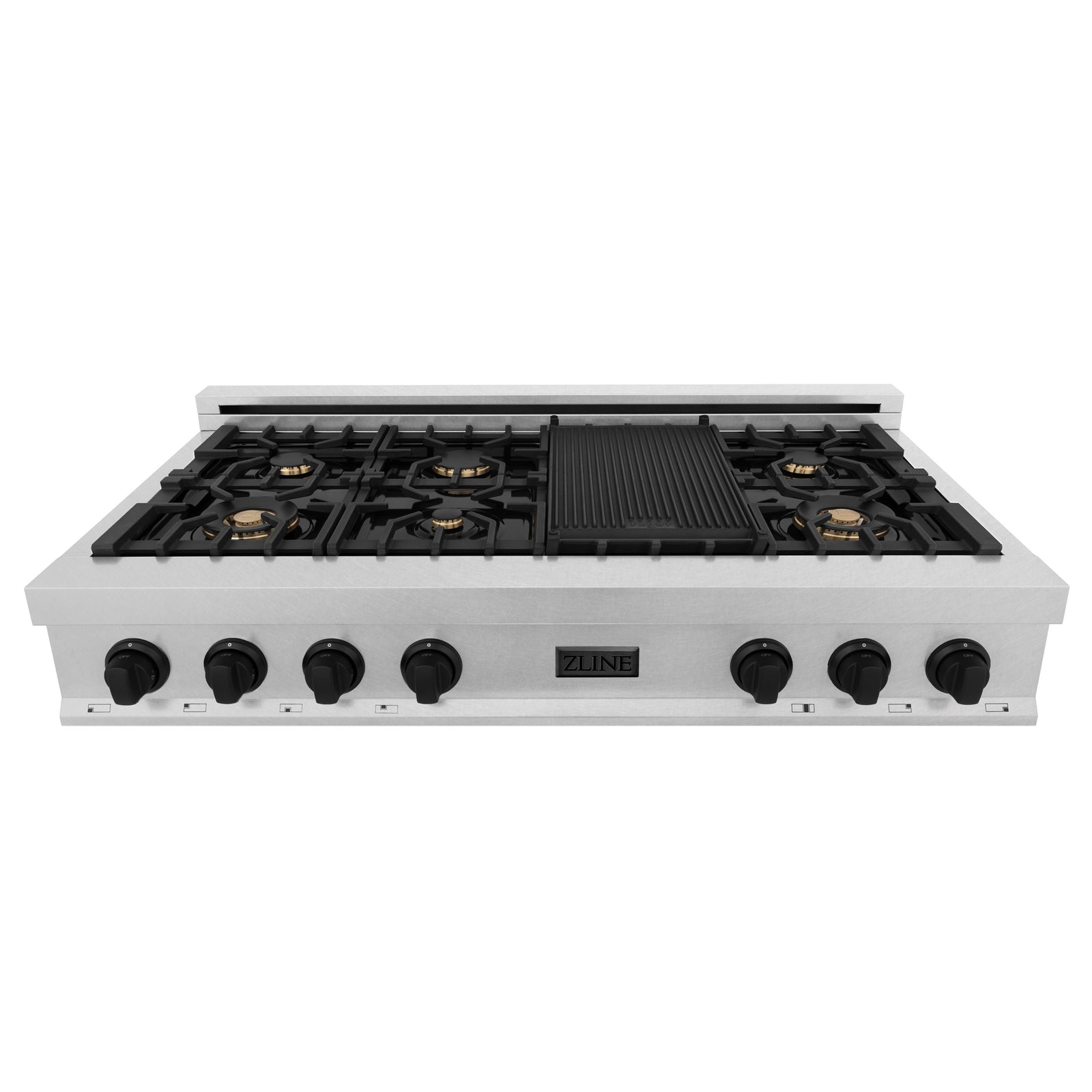 ZLINE Autograph Edition 48" Porcelain Rangetop with 7 Gas Burners in DuraSnow® Stainless Steel and Matte Black Accents, RTSZ-48-MB - Smart Kitchen Lab